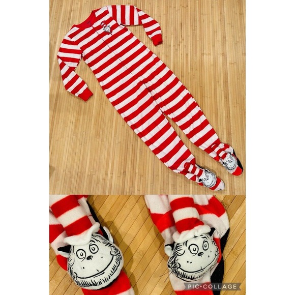 Dr. Seuss CAT IN THE HAT Adult Med 7-9 Pajamas Footie Zip One Piece HTF - Picture 1 of 8